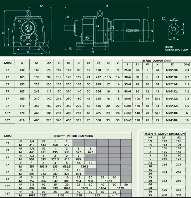 成大MHM型硬齒面減速機的詳細尺寸圖